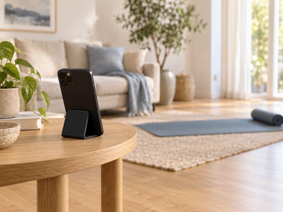 A phone securely propped on a wooden table, facing an open space at home.