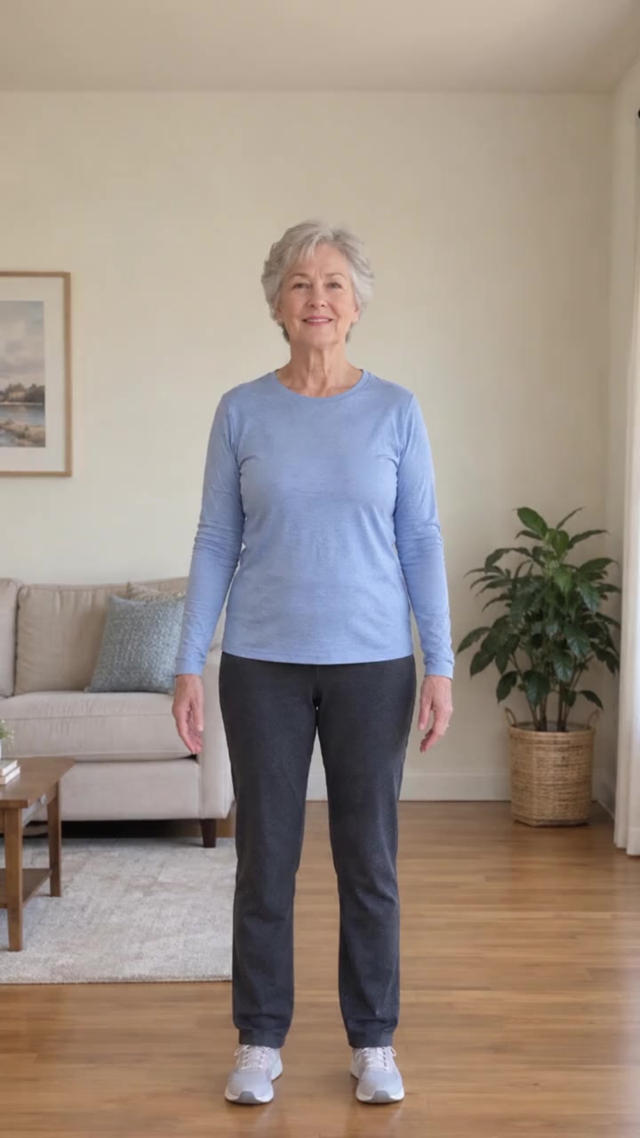 An older woman exercising with her full body visible in her living room